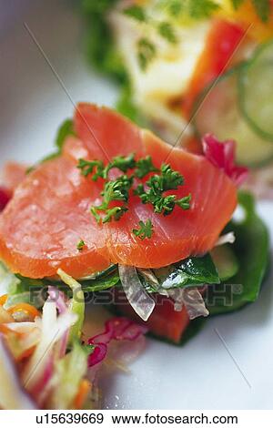 Smoked salmon salad on plate, Differential Focus, Close Up View Large Photo Image Stock Photo - Smoked salmon salad on plate, Differential Focus, Close Up. Fotosearch