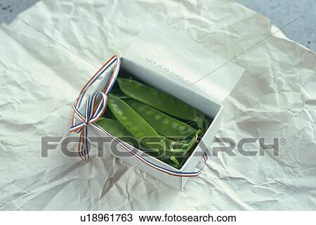 Stock Image - Snow peas in box, Differential Focus . Fotosearch