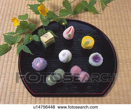 Several types of Japanese sweets on plate, shi, high angle view View Large Photo Image Stock Photo - Several types of Japanese sweets on plate, shi, high angle view. Fotosearch