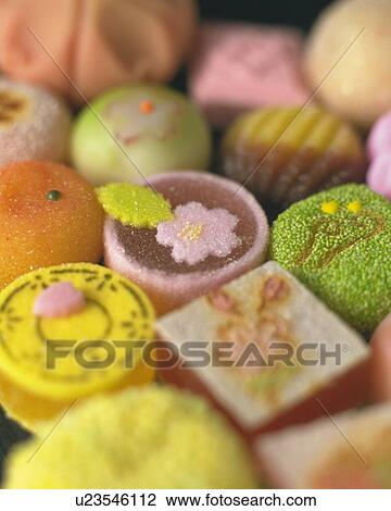 Stock Image - Several types of shi, Japanese sweets, high angle view, Differential Focus, Full Frame. Fotosearch