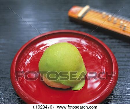 Stock Photo - shi called Maccha Manjyu on plate, high angle view, Differential Focus. Fotosearch