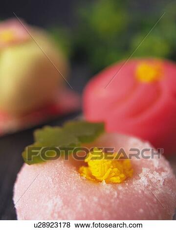 Stock Photo - shi, three types Japanese sweet, high angle view, Differential Focus, Close Up. Fotosearch