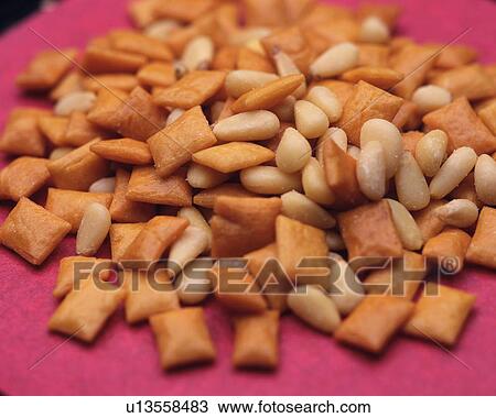 Stock Image - Closed Up Image of a Traditional Japanese Snack, Some Nuts and Some Rice Crackers, Differential Focus. Fotosearch