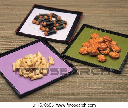 Stock Photography - Image of Three Different Kinds of Typical Japanese Snacks, High Angle View. Fotosearch