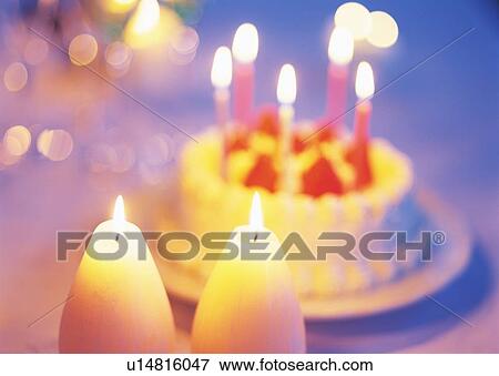 Stock Photo - Birthday cake with strawberry and whipped cream. Fotosearch