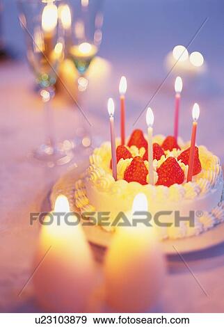 Birthday cake with strawberry and whipped cream View Large Photo Image Stock Photo - Birthday cake with strawberry and whipped cream. Fotosearch