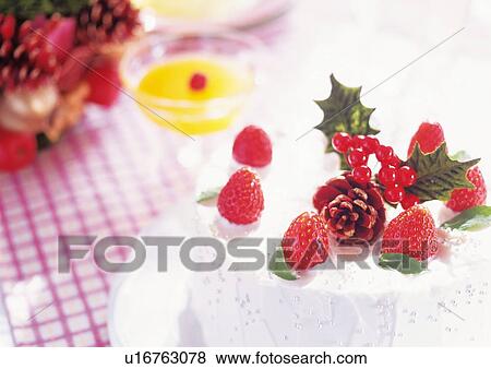 Christmas cake with cream and strawberry View Large Photo Image Stock Photo - Christmas cake with cream and strawberry. Fotosearch