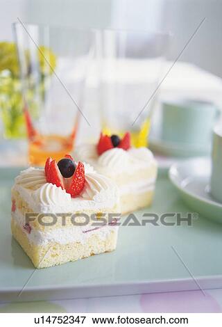 Slices of strawberry cake with whipped cream View Large Photo Image Stock Photo - Slices of strawberry cake with whipped cream. Fotosearch