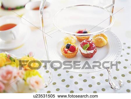 Small tarts on plate set in cakestand View Large Photo Image Stock Photography - Small tarts on plate set in cakestand. Fotosearch