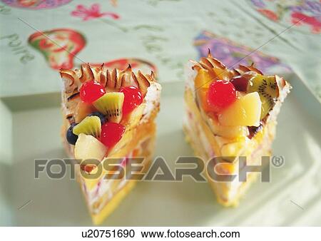 Stock Image - Two pieces of fruitcake on plate. Fotosearch
