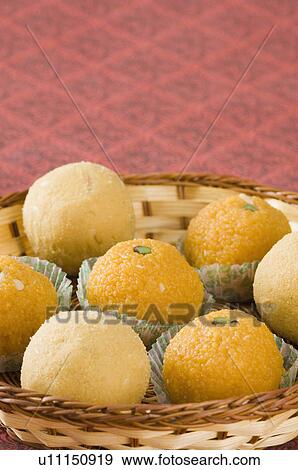 Close-up of Ladoos in a basket View Large Photo Image Stock Photo - Close-up of Ladoos in a basket. Fotosearch