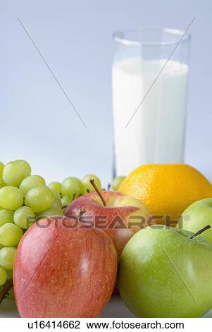 Stock Image - Glass of milk with fruits. Fotosearch