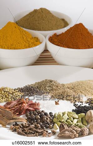 Close-up of spices in three bowls and a plate View Large Photo Image Stock Image - Close-up of spices in three bowls and a plate. Fotosearch
