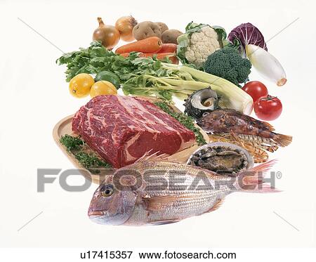 Stock Photo - Beef Sirloin, Sea Food, Vegetables. Fotosearch