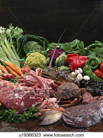 Meat, Sea Food, Vegetables View Large Photo Image Stock Image - Meat, Sea Food, Vegetables. Fotosearch