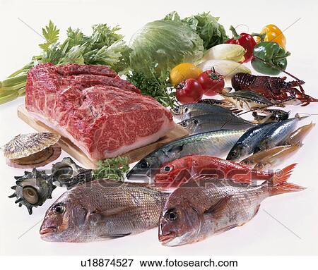 Meat, Sea Food, Vegetables View Large Photo Image Stock Photo - Meat, Sea Food, Vegetables. Fotosearch