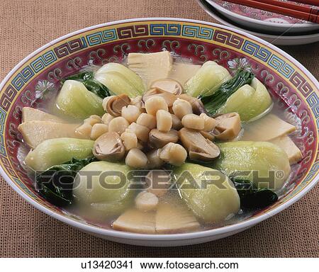 Stock Image - Soup Of Small Scallops And Bok Choy. Fotosearch