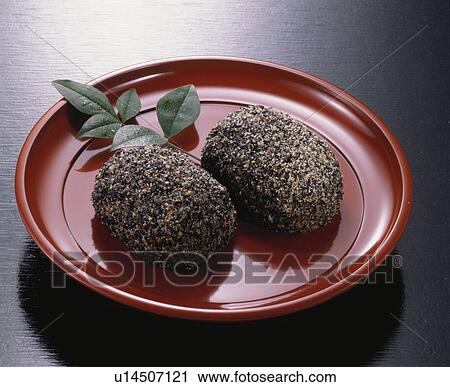 Stock Image - Rice Cake Covered With Sweet Bean. Fotosearch