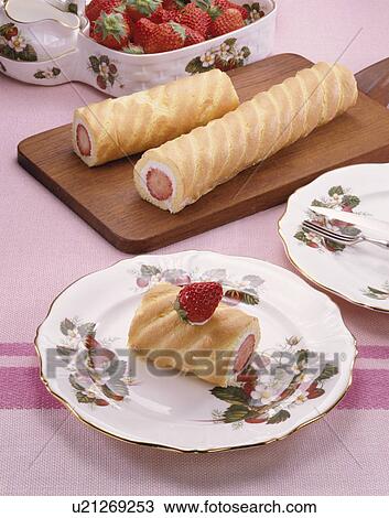 Stock Image - Strawberry Roll Cake. Fotosearch