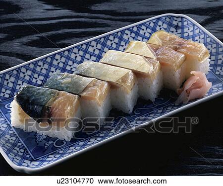 Stock Image - Pressed Mackerel Sushi. Fotosearch