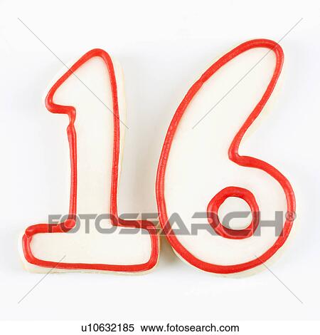 Stock Photography - Sugar cookies in the shape of the number sixteen outlined in red icing.. Fotosearch