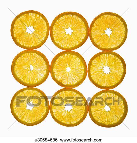 Stock Photograph - Orange slices arranged in square design on white background.. Fotosearch