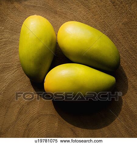 Stock Photography - Still life of three wooden mangoes on plate.. Fotosearch