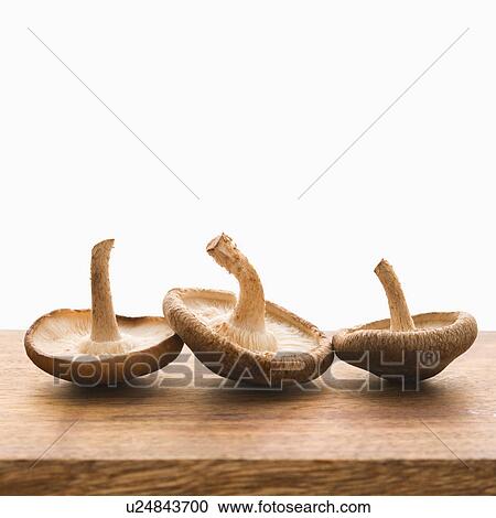 Stock Image - Three brown mushrooms upside down.. Fotosearch