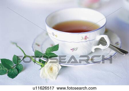 A cup of tea and white rose View Large Photo Image Stock Photo - A cup of tea and white rose. Fotosearch