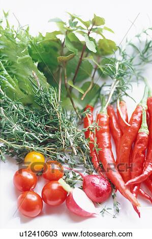 Stock Image - Herbs and red chili peppers. Fotosearch