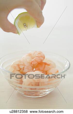 Stock Photo - Squeezing lemon on boiled shrimp. Fotosearch