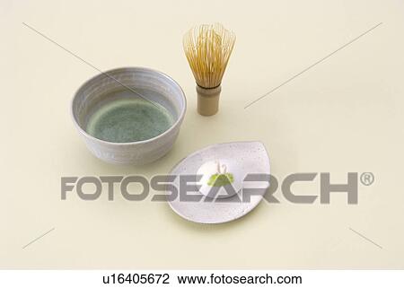 Stock Image - Green tea and Japanese sweets. Fotosearch
