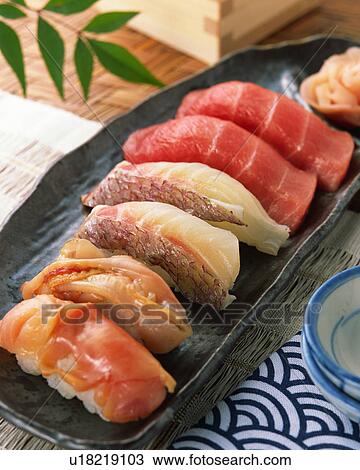 Stock Image - Assorted sushi. Fotosearch