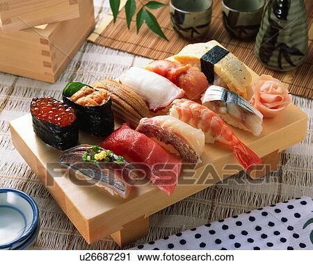 Stock Image - Assorted sushi. Fotosearch