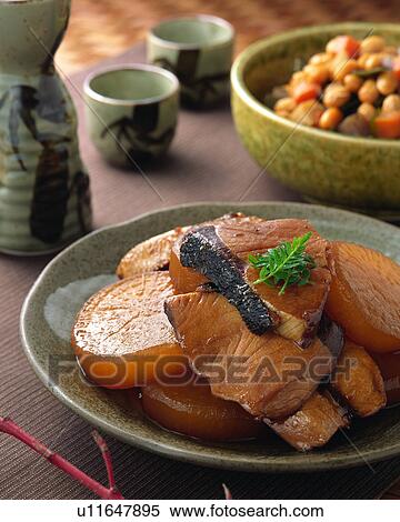 Simmered amberjack with Japanese radish View Large Photo Image Stock Photography - Simmered amberjack with Japanese radish. Fotosearch