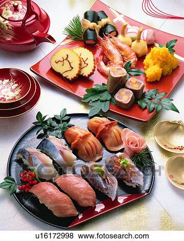 Japanese New Year Dishes and sushi View Large Photo Image Stock Photo - Japanese New Year Dishes and sushi. Fotosearch