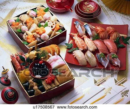 Japanese New Year Dishes and sushi View Large Photo Image Stock Photo - Japanese New Year Dishes and sushi. Fotosearch