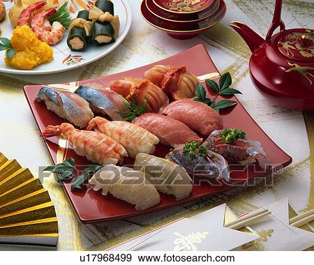 Japanese New Year Dishes and sushi View Large Photo Image Stock Photo - Japanese New Year Dishes and sushi. Fotosearch