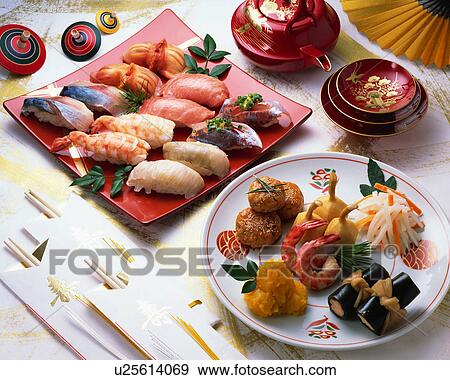 Stock Photo - Japanese New Year Dishes and sushi. Fotosearch