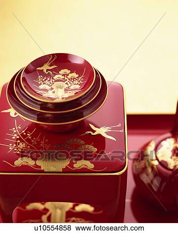 Stock Photo - Lacquered sake pot and cups. Fotosearch