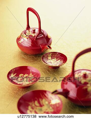 Stock Photo - Lacquered sake pot and cups. Fotosearch