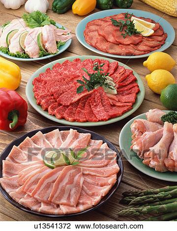 Assorted fresh meat in plates View Large Photo Image Stock Image - Assorted fresh meat in plates. Fotosearch