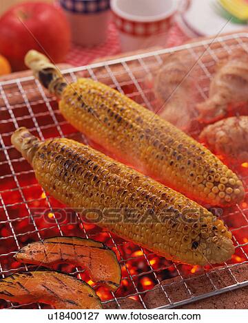 Grilled corn over charcoal View Large Photo Image Stock Photo - Grilled corn over charcoal. Fotosearch