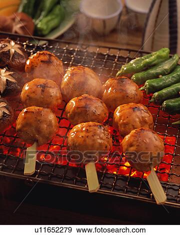 Tsukune grilled over charcoal View Large Photo Image Stock Photo - Tsukune grilled over charcoal. Fotosearch
