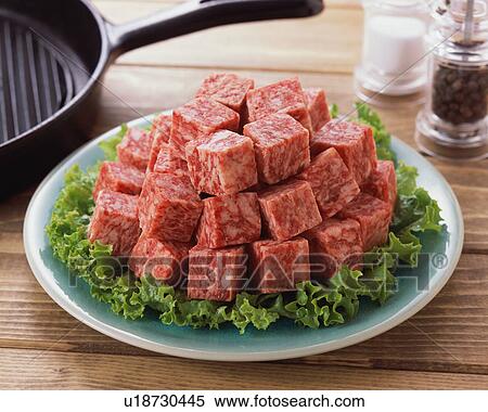 Stock Photography - Uncooked beef in cubes. Fotosearch