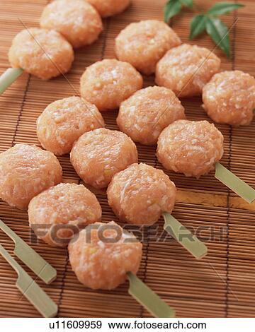 Stock Photo - Uncooked tsukune. Fotosearch