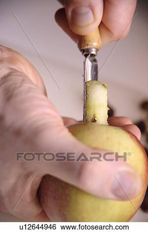 Stock Photograph - Man removes apple core with special kitchen utensil, close up. Fotosearch