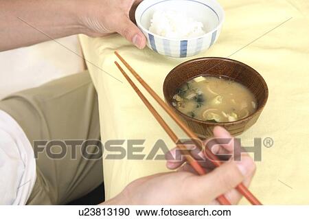 Stock Image - Rice and miso soup. Fotosearch