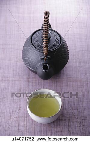 Stock Image - A cup of green tea and teapot. Fotosearch