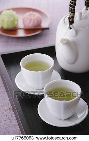 Stock Image - Green tea and sweets. Fotosearch